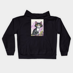 Fun black and white kitty cat with purplish flowers Kids Hoodie